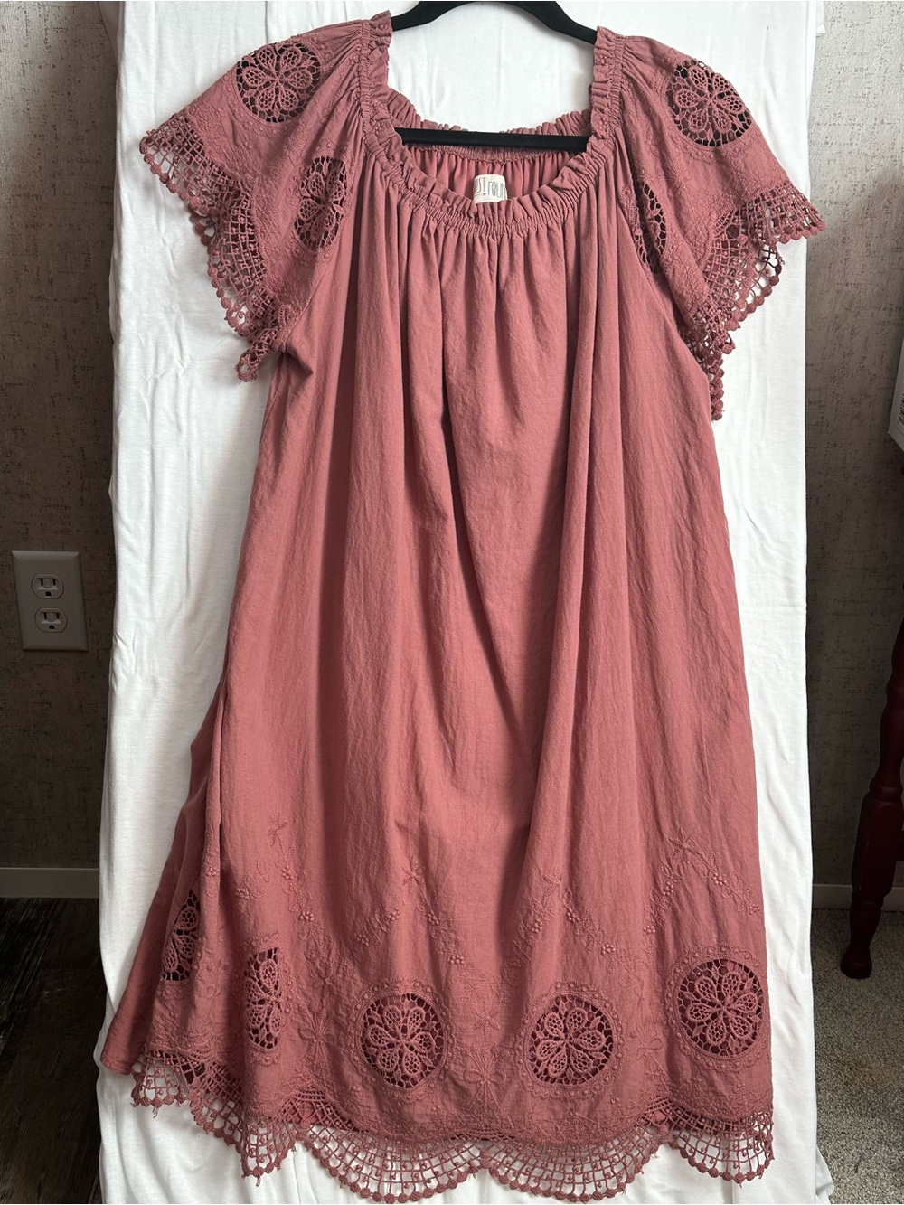 Just Found Boho Crochet Lace Trim Peasant Shift Mini Dress Mauve Pink 3X